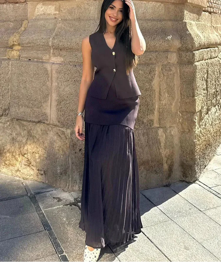 Button Knit Top Side Zipper Skirt Suit