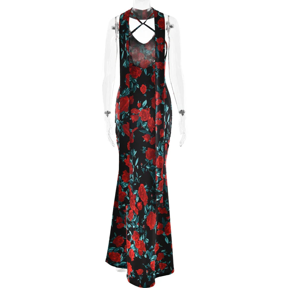 Floral Print Backless Maxi Dress