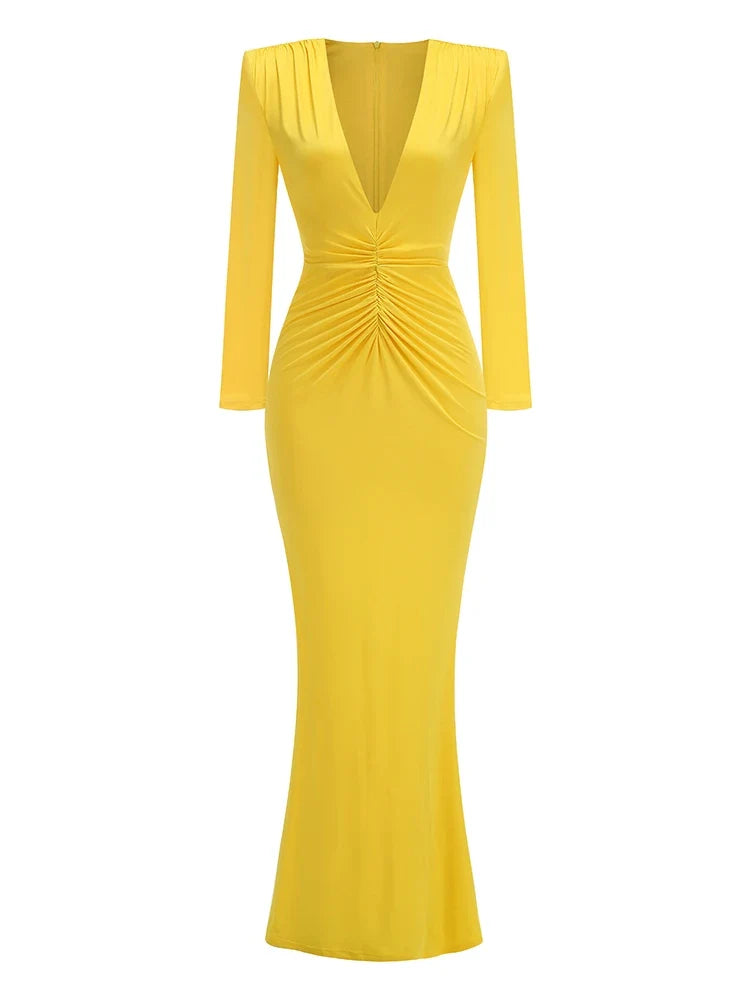 Folds Design Long Sleeve Pleated Maxi Dress