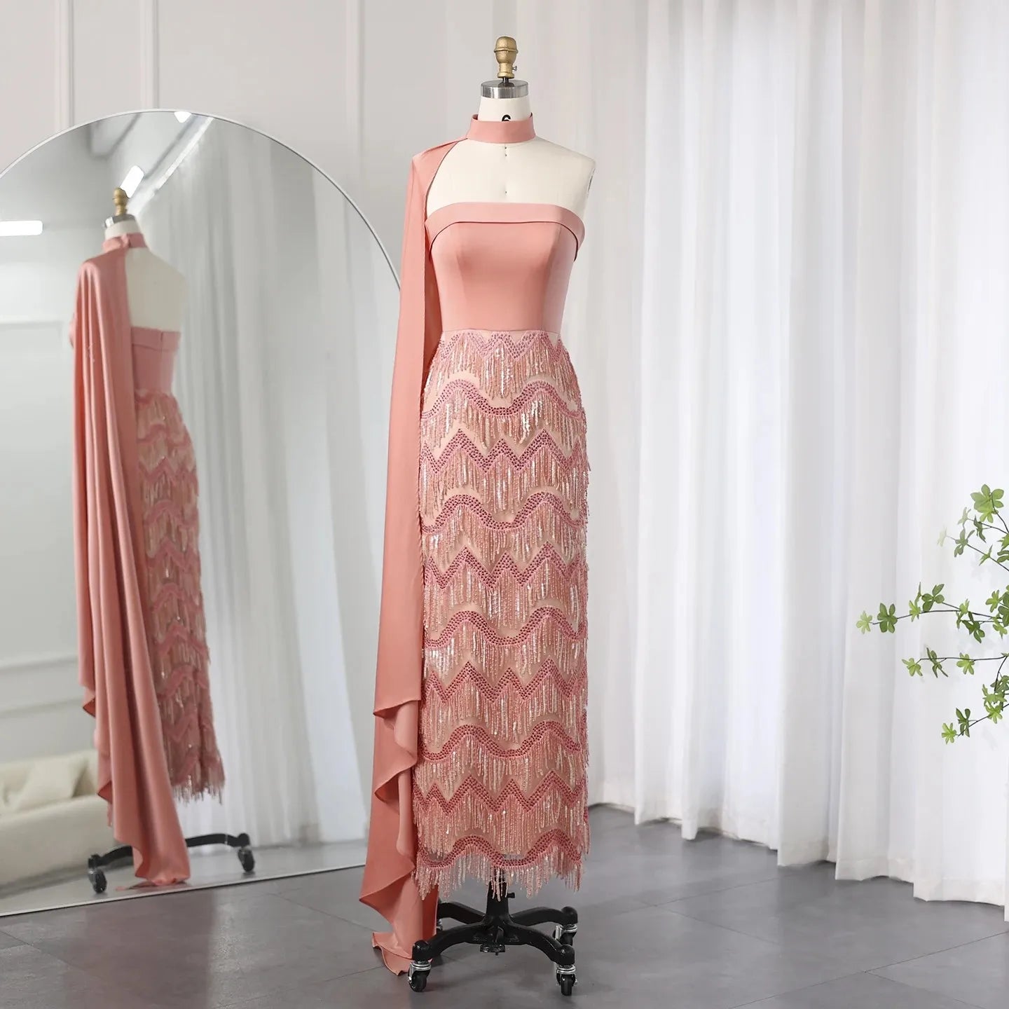 Coral Pink Evening Dress with Tassel Cape