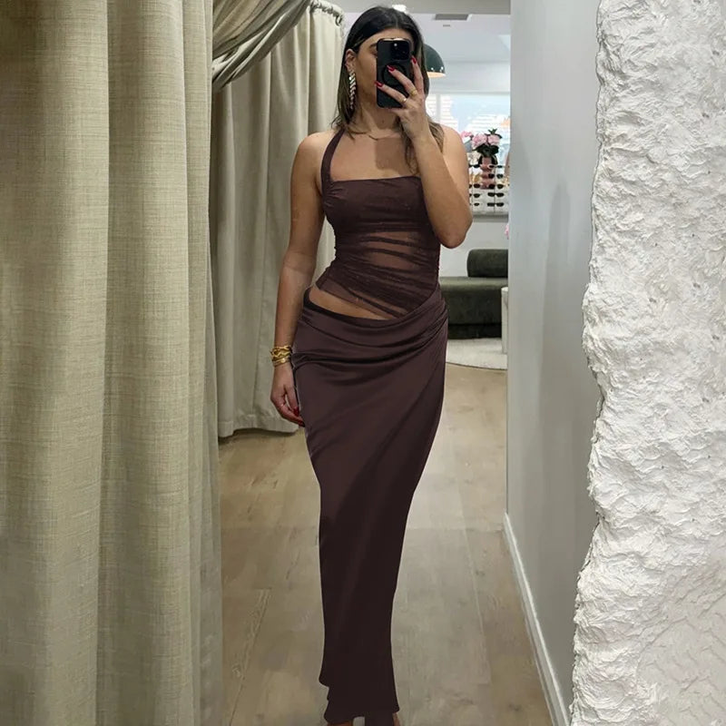 Mesh Patchwork Backless Halter Bodycon Gown