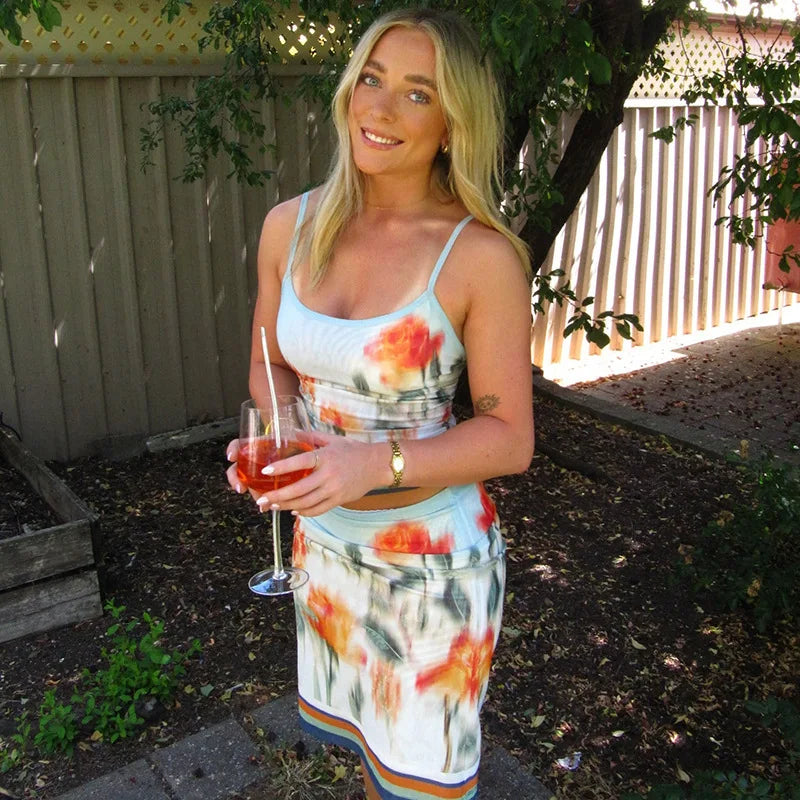 Print Floral Spaghetti Strap Top Mini Skirt Set