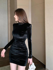 Black Pleated Half-High Neck Dress