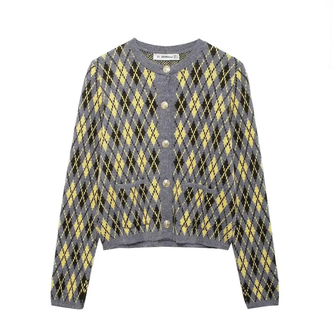 Long Sleeves Diamond Pattern Knit Cardigan