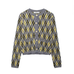 Long Sleeves Diamond Pattern Knit Cardigan