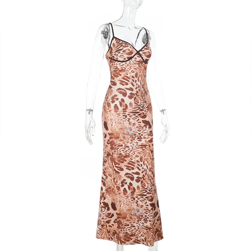 Leopard Print Spaghetti Strap Backless Long Dress