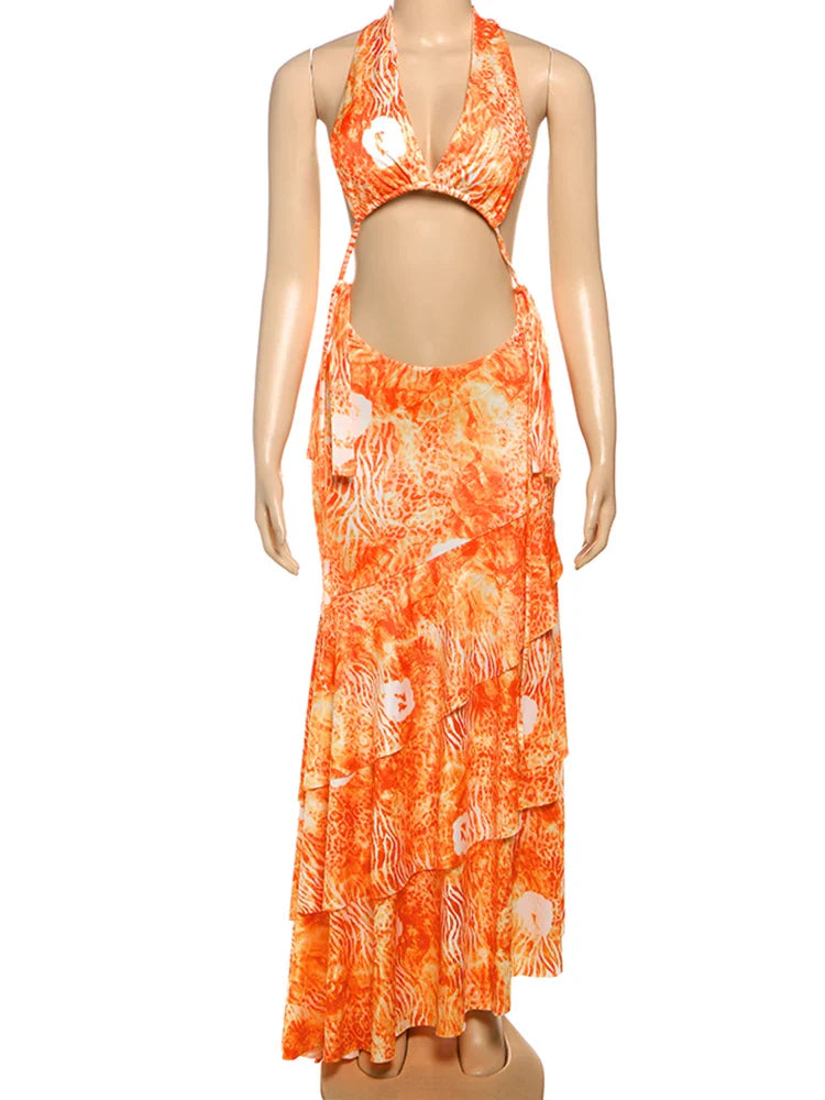 Tie-Dye Print Halter Bra and Ruffles Long Skirts