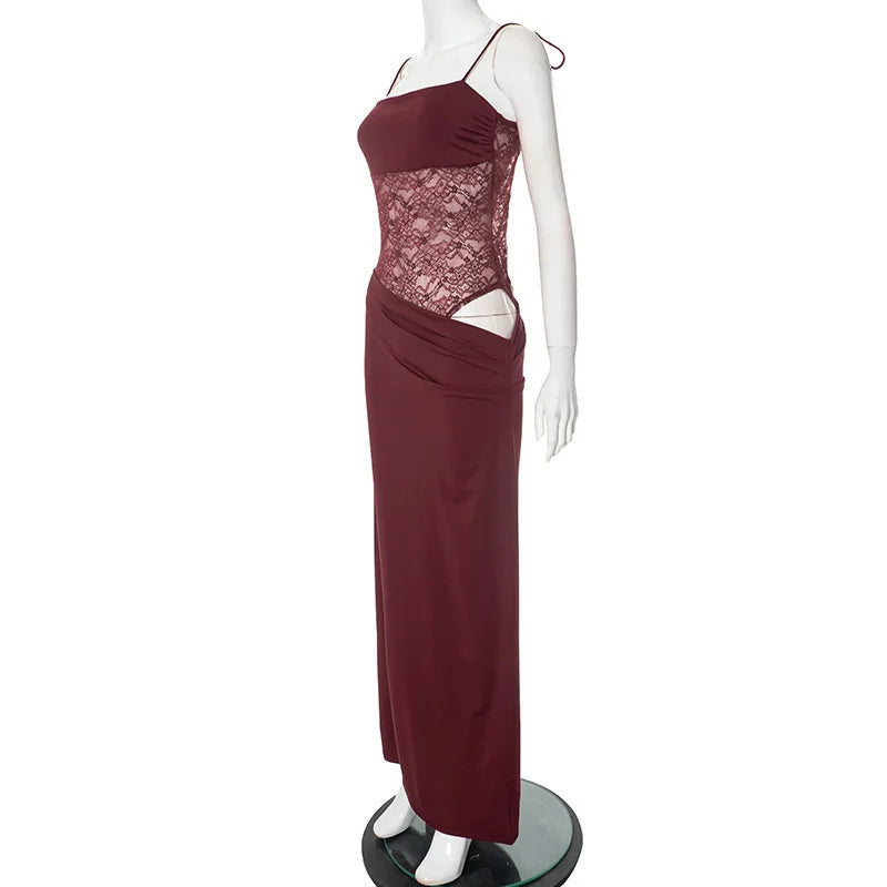 Spaghetti Strap Sheer Lace Hollow Out Long Dress