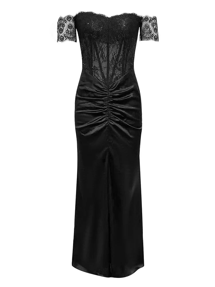 Lace Patchwork Black Short Sleeve Dress