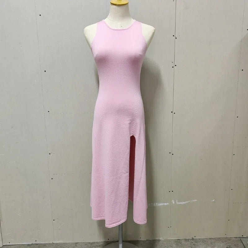 Knit Slit Solid High Waisted Vacation Dresses