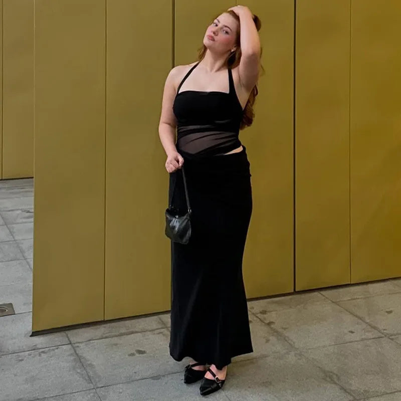 Mesh Patchwork Backless Halter Bodycon Gown
