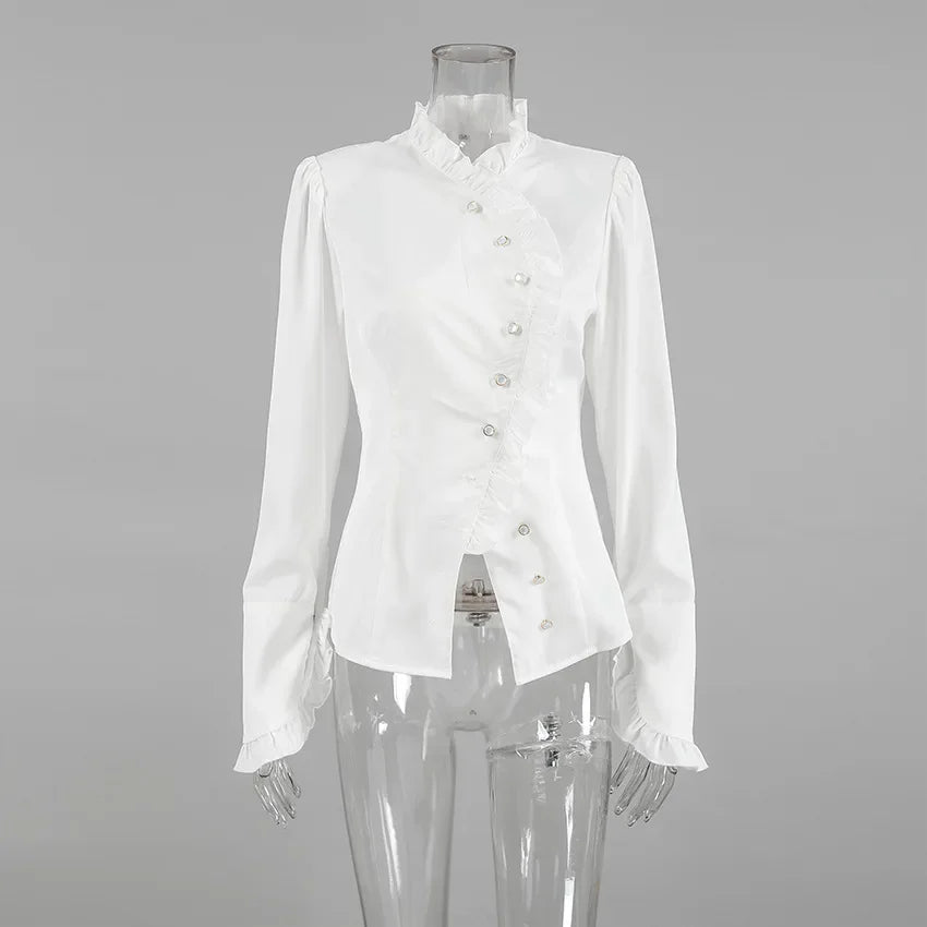 Women's White Ruffled Sleeve Cardigan Patchwork Blouse