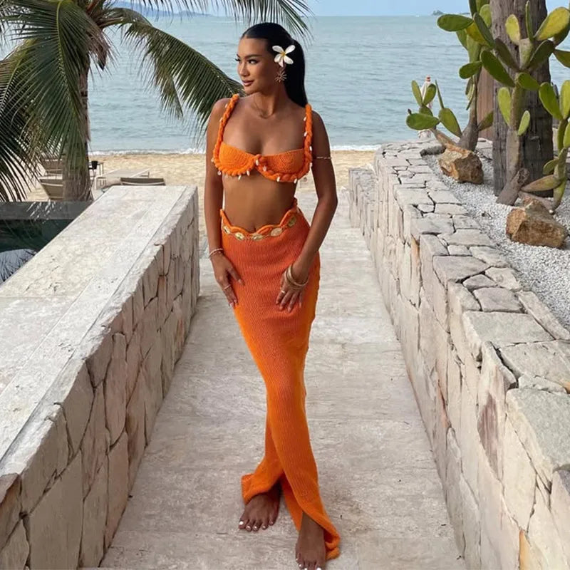 Shell Knitted Halter Top Split Fishtail Skirt Set