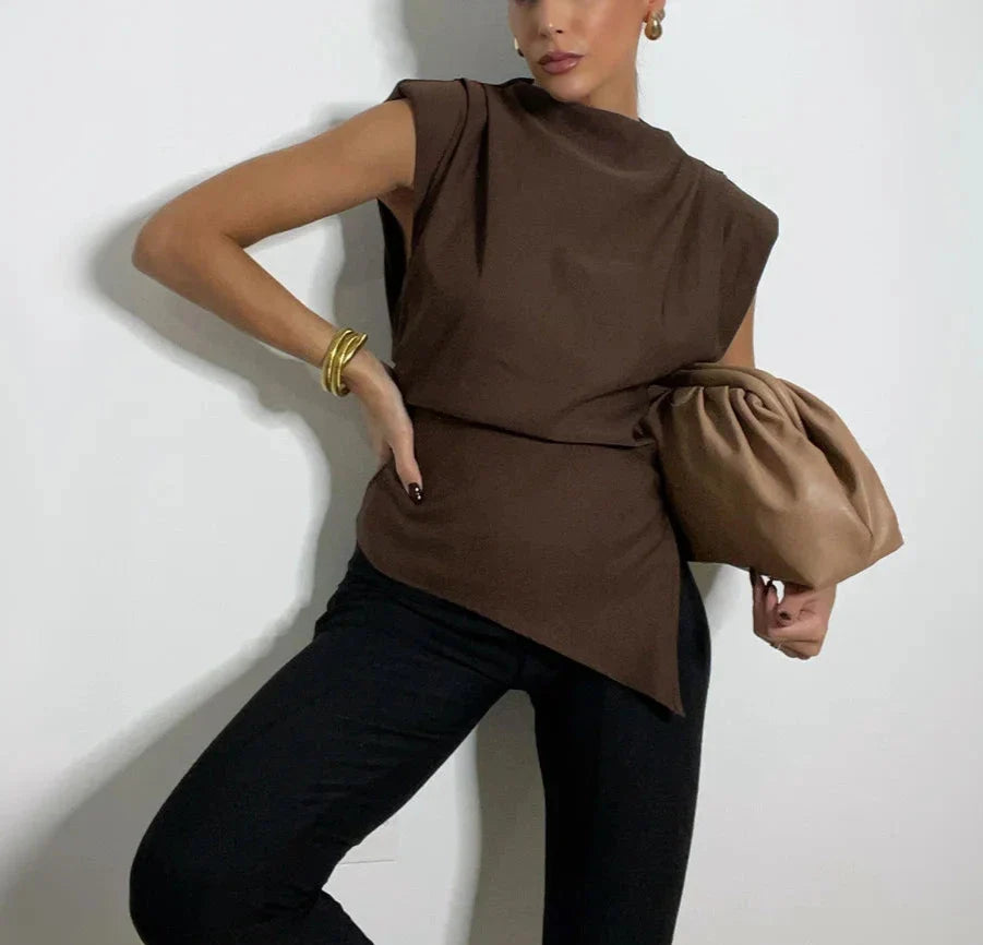 Asymmetric Pleated Trim Short Sleeve Top