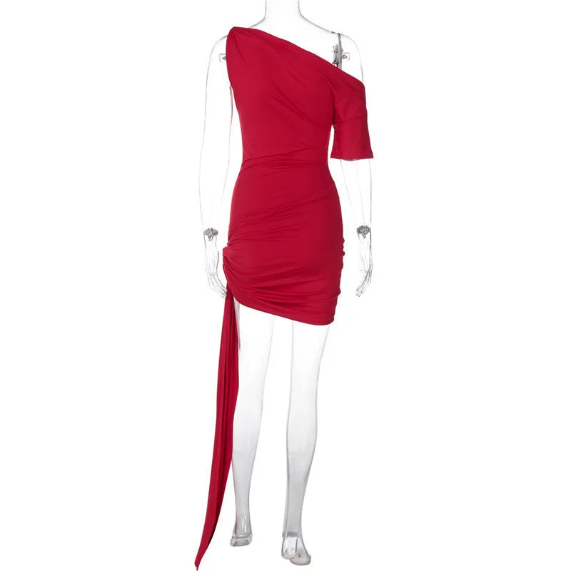 Oblique-Shoulder Backless Irregular Draped Dress