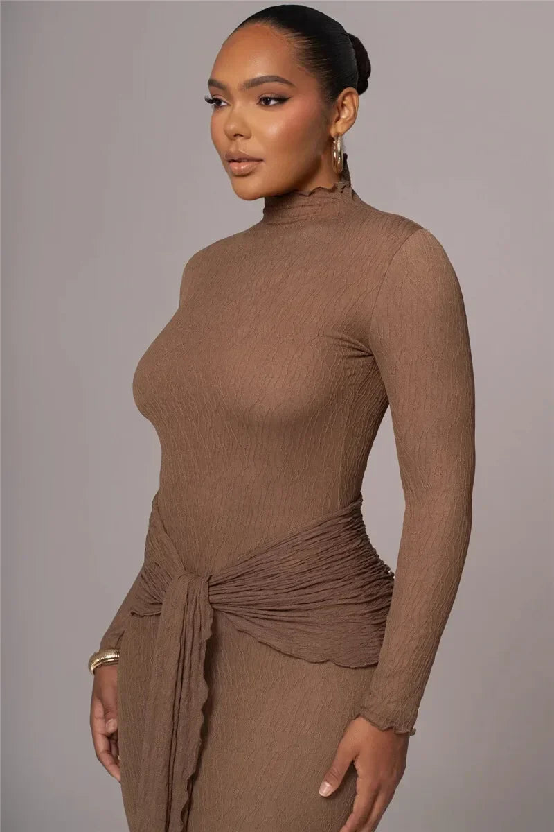 Long Sleeve Drape Turtleneck Maxi Dress