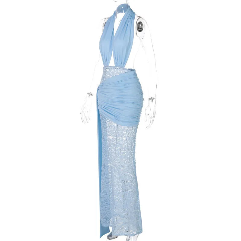 Halter Deep V Neck Lace Sleeveless Long Dress