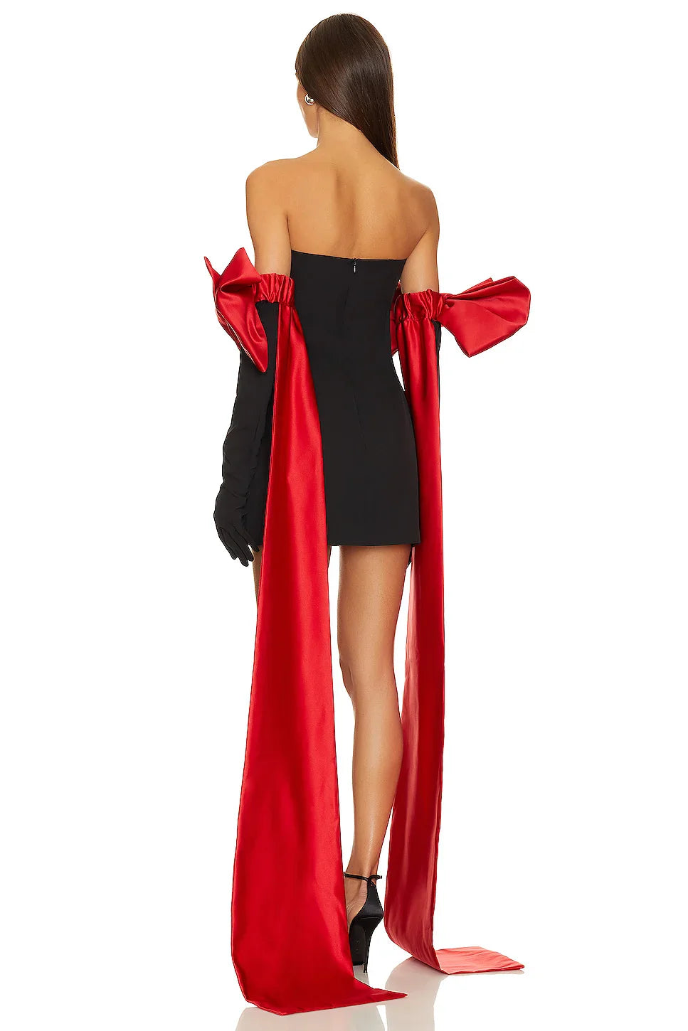Black Tube Mini Dress With Large Red Bow Detachable Sleeves