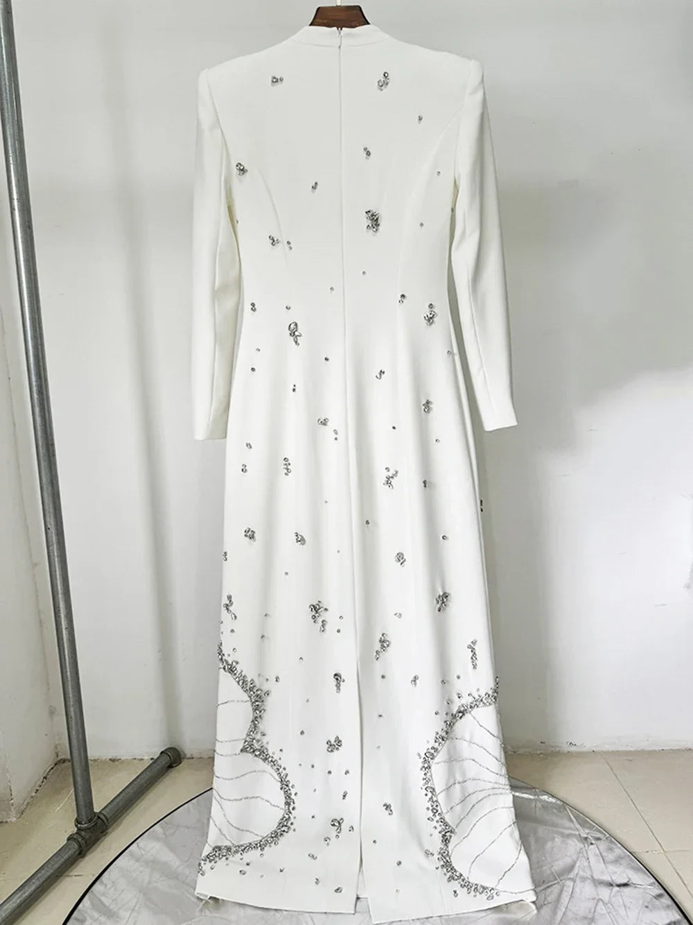 White Beads Diamond Long Sleeve Maxi Dress