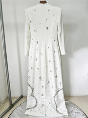 White Beads Diamond Long Sleeve Maxi Dress
