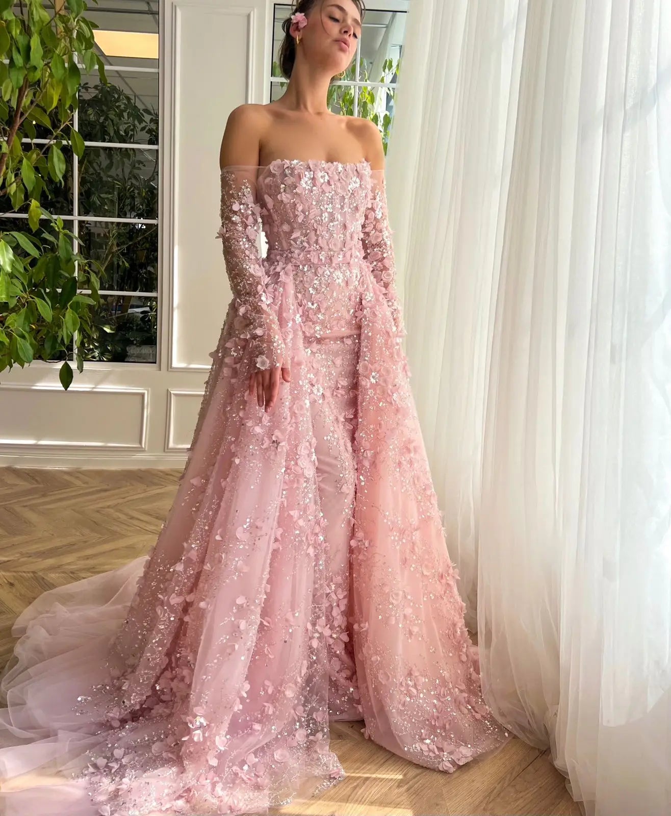 3D Flowers Evening Dress with Overskirt Long Sleeves AmiEmi 3D Flowers Evening Dress with Overskirt Long Sleeves AmiEmi