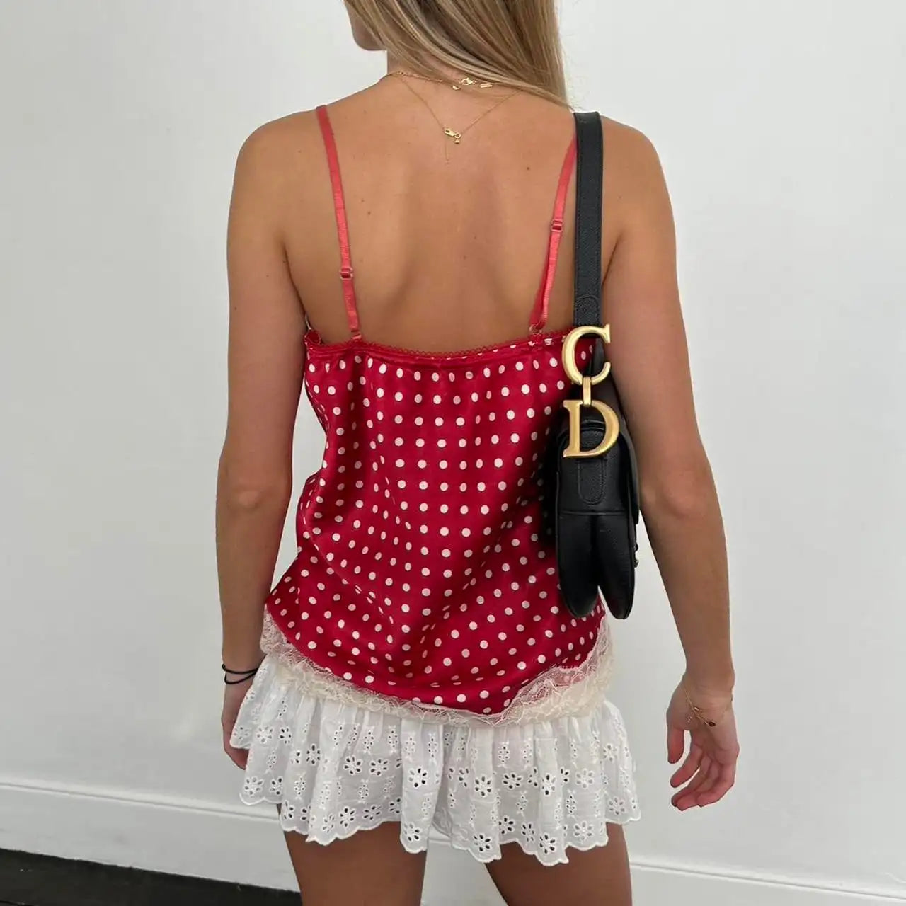 Lace Patchwork Dot Print Sleeveless Cami Tops