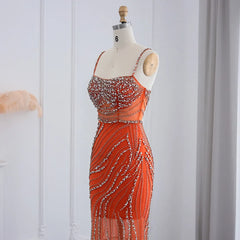 Orange Crystal Mermaid Evening Dress