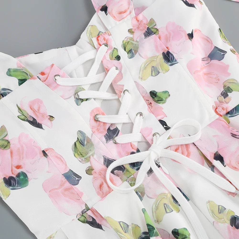 Floral back lace-up suspender dress