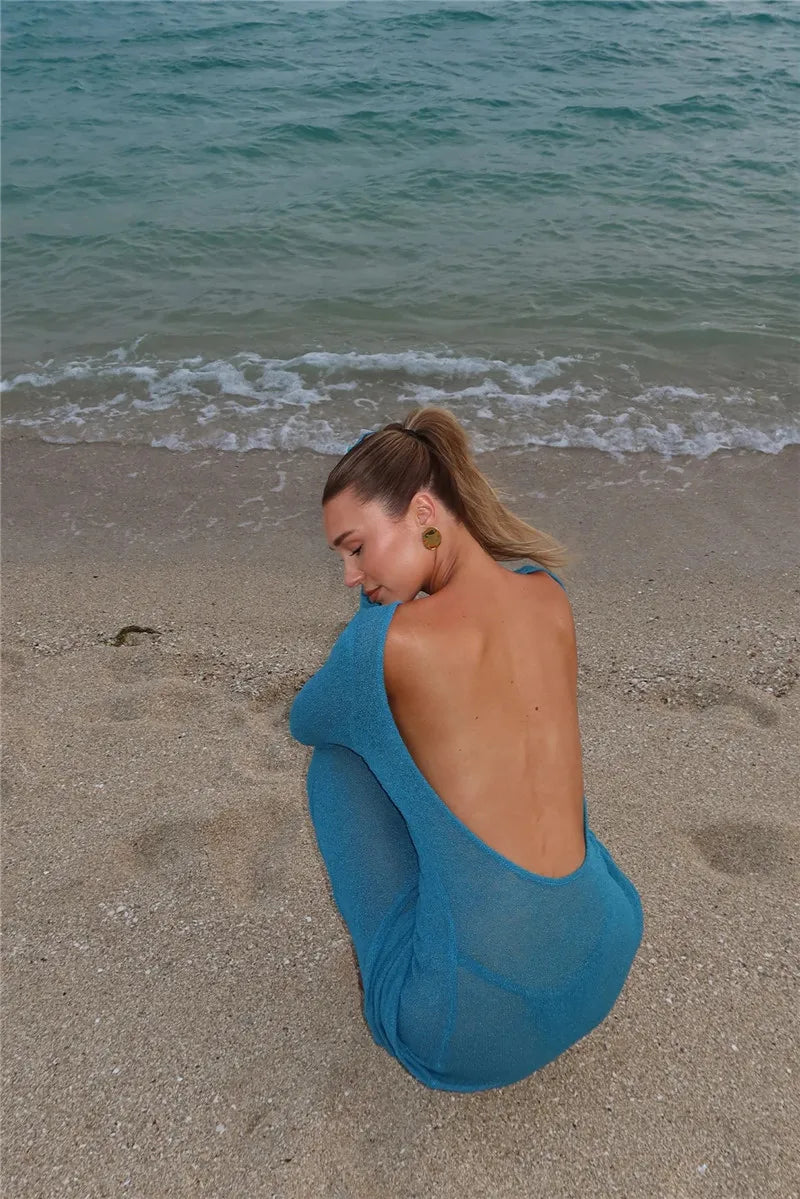Hollow Backless Solid Knitted Dress