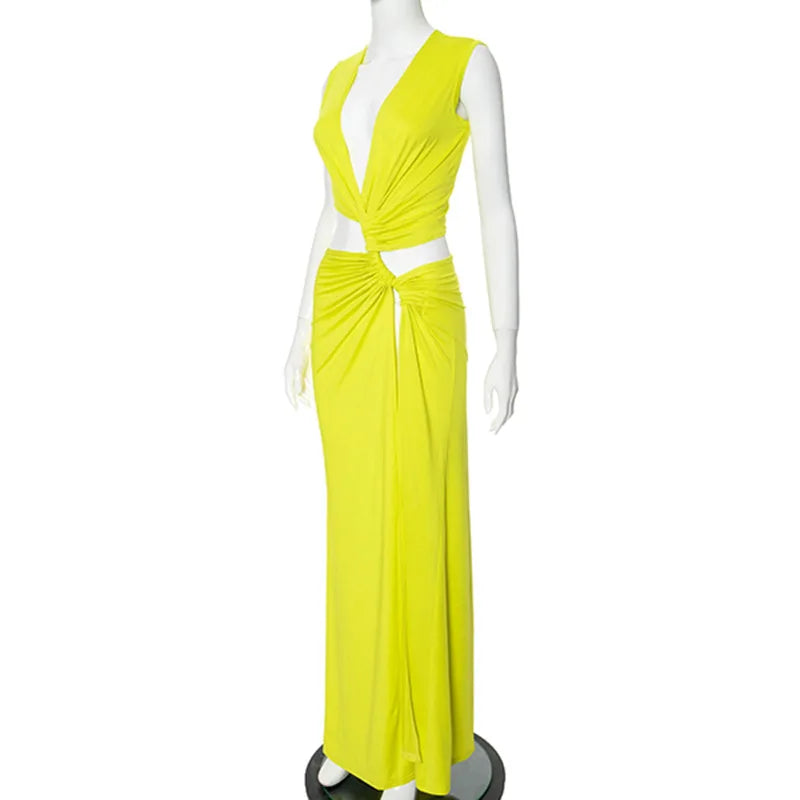 Deep V Cut Out Slit Asymmetrical Long Dress