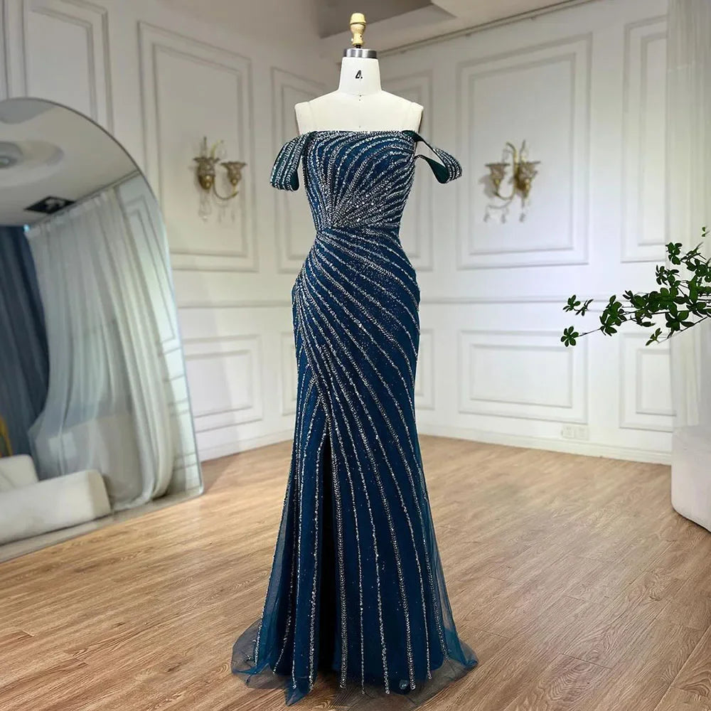 Boat Neck Split Mermaid Elegant Beaded Gowns