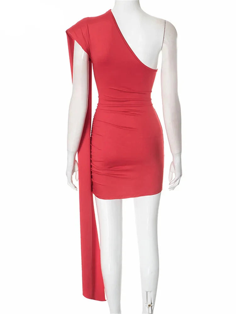 Red One-Shoulder Ribbon Mini Dress