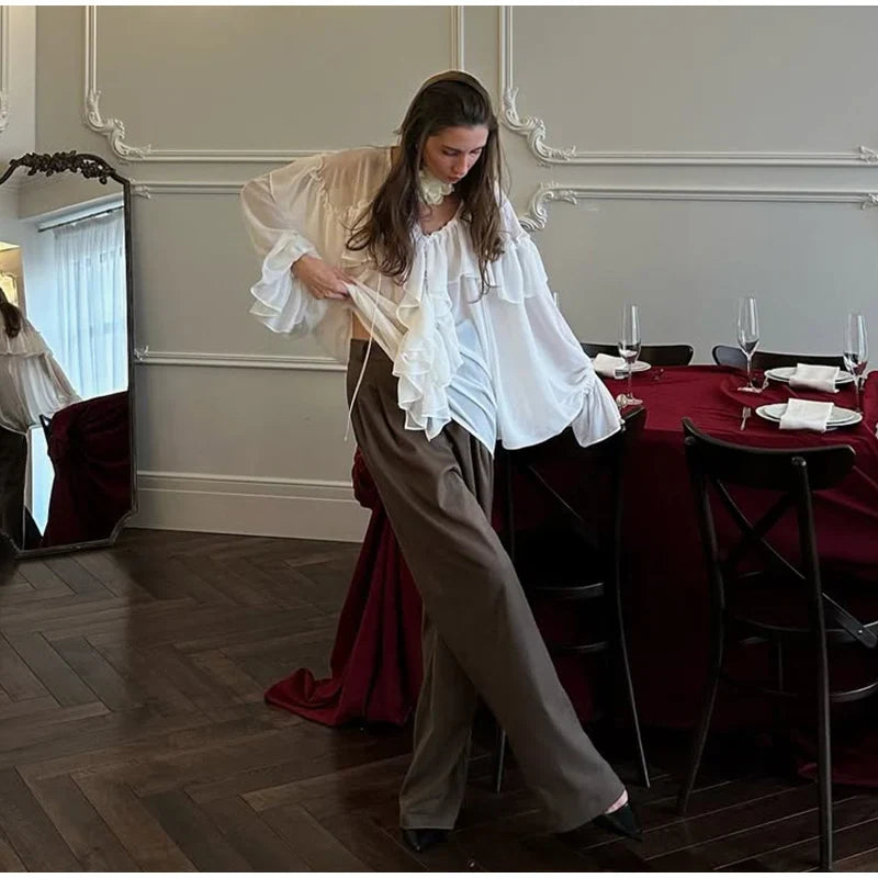 See Through Solid Long Sleeved Ruffles Tops