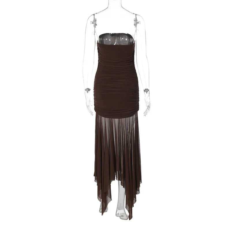 Brown Off-shoulder Strapless Long Dress
