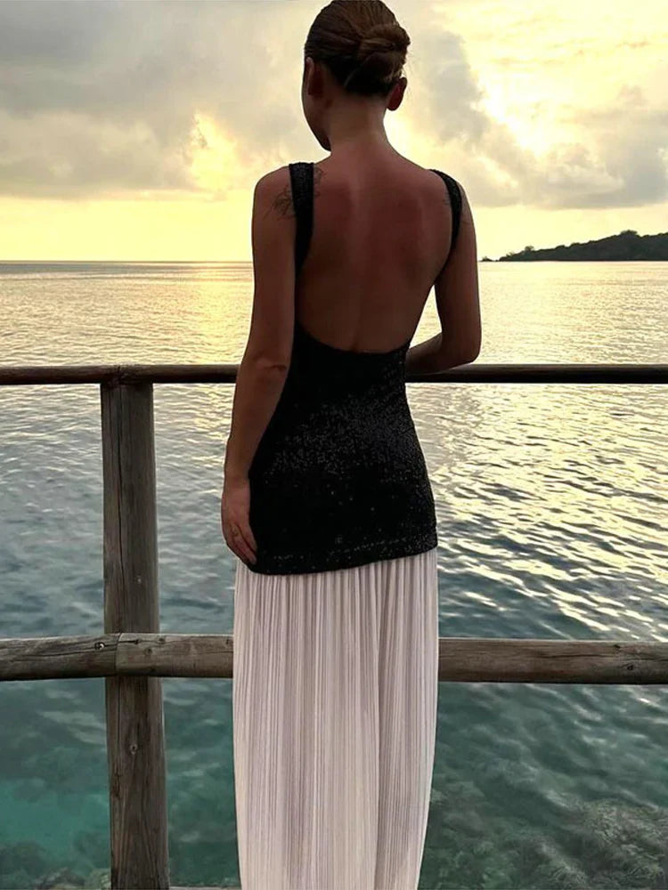 Sequined Patchwork Backless Long Dress