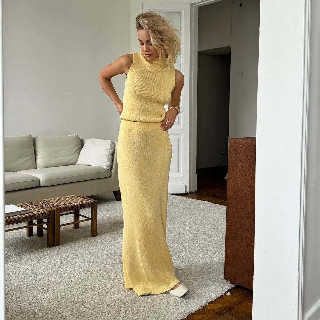 Solid Knit Sleeveless Top Long Skirt Set