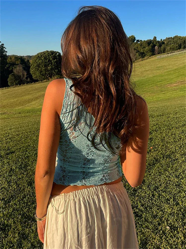 Deep V-Neck Hollow Out Lace Crop Tank Top