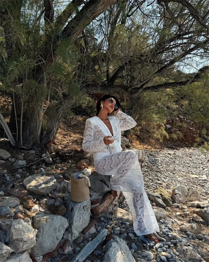 White Lace Two-Piece Loose Trouser Set