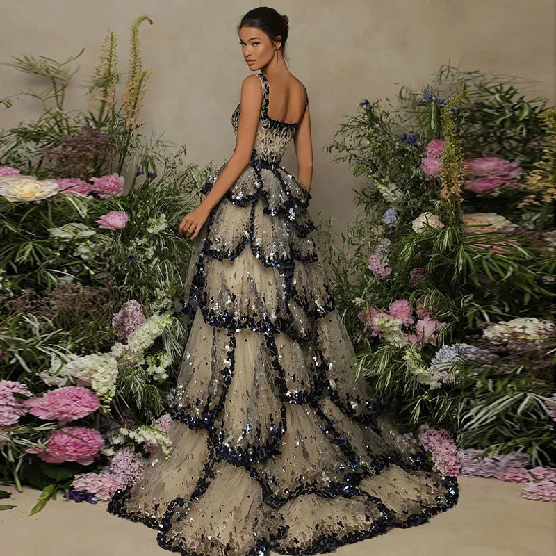 Sequin Butterfly Layered Gown