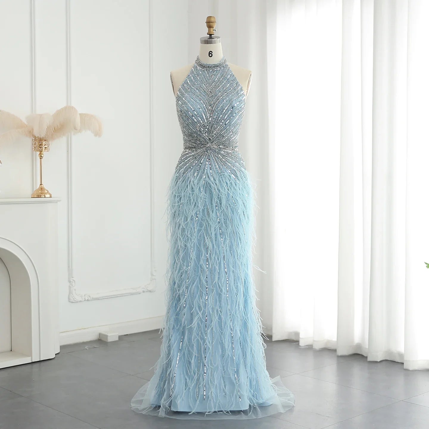 Beaded Feathers Mermaid Halter Backless Gown
