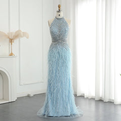 Beaded Feathers Mermaid Halter Backless Gown