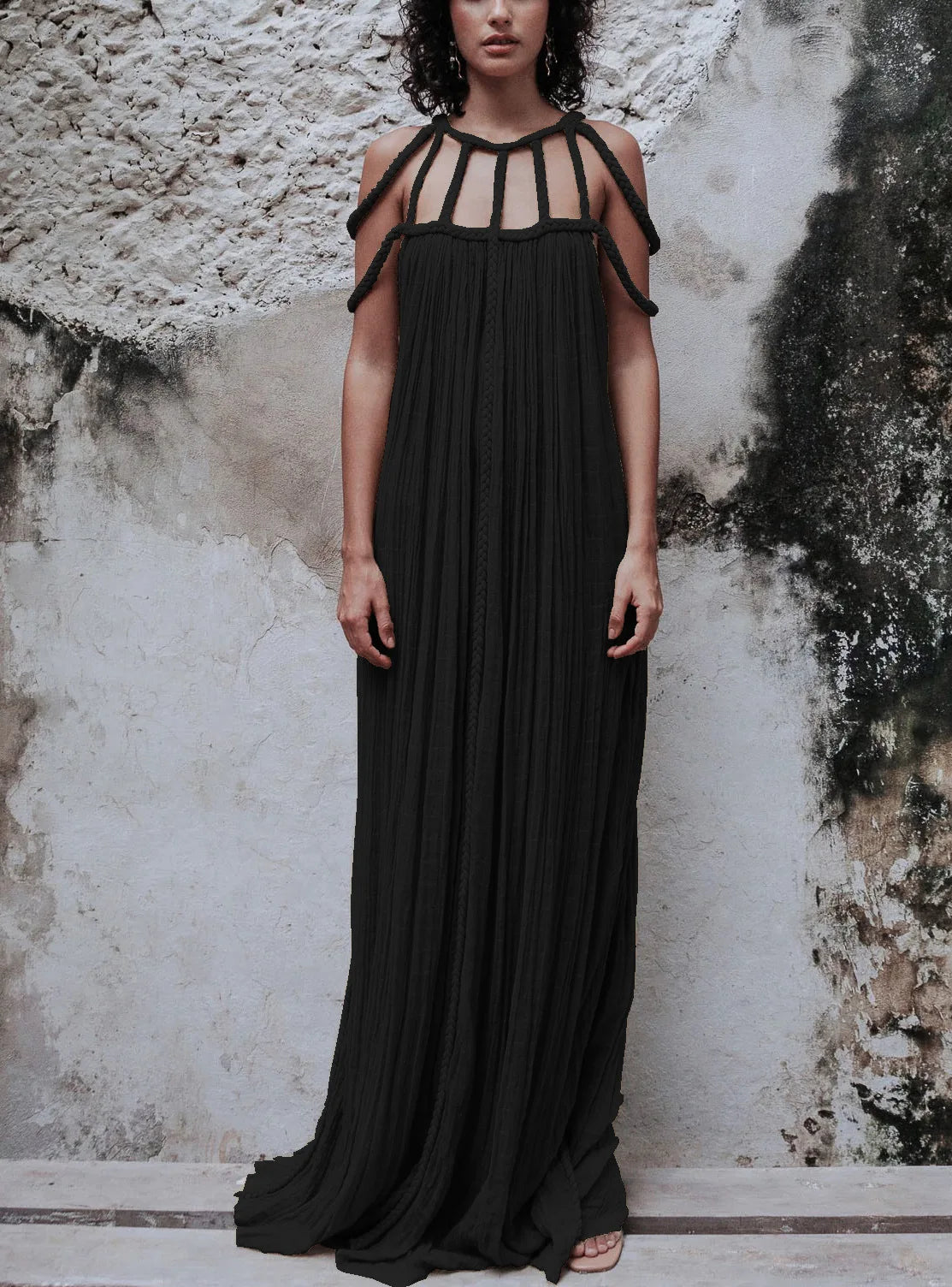 Solid Split Pleated Bandage Long Dress