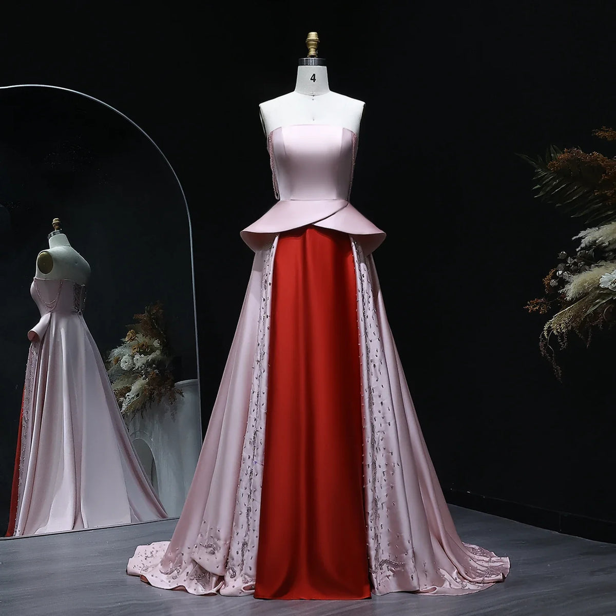 Strapless Pink and Red Two-Tone Evening Gowns