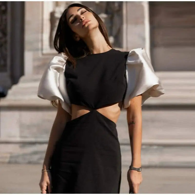 Patchwork Puff Sleeve Hollow Out Long Dress