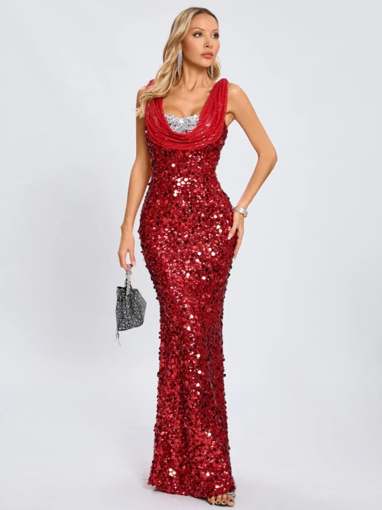 Swinging Neck Sequins Red Long Dress