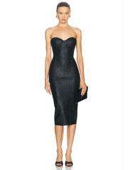 Strapless V-Neck Black Foil  Bandage Dress