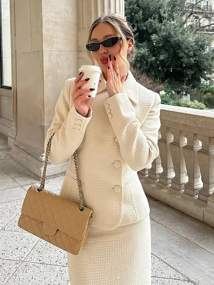 Solid Stand Collar Jackets and Skirts Suit
