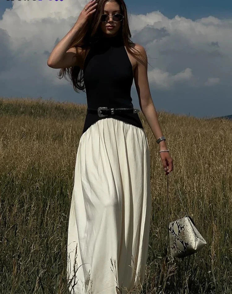 Contrast Patchwork Halter Backless Long Bodycon Dress