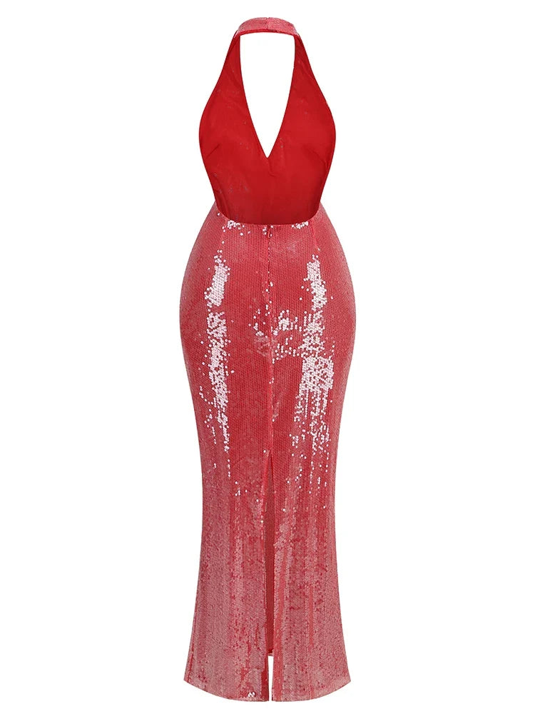 Halter Sheer Sequins Long Dress