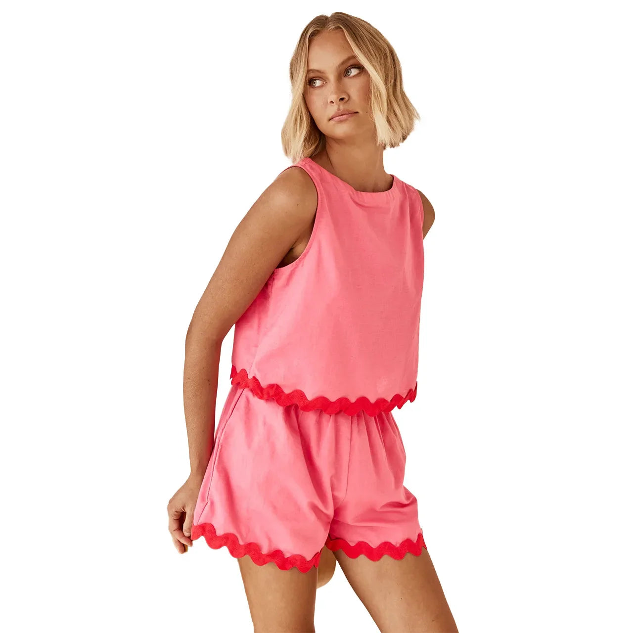Wave Stripe Patchwork Tops High Waist Shorts Set